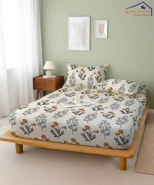 Pretty Floral Fitted Bedsheet With Pillow Cover