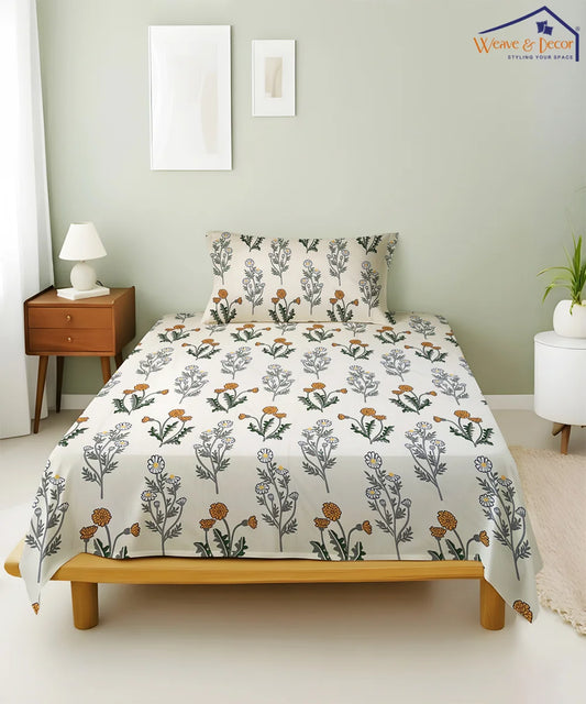 Pretty Floral Fitted Bedsheet With Pillow Cover