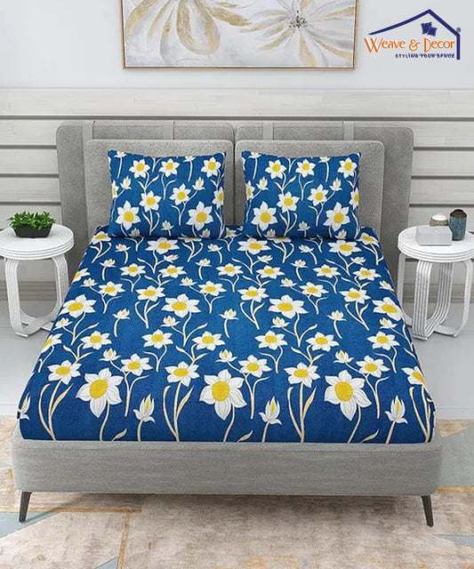 Blue Floral Fitted Bedsheet With Pillow Cover