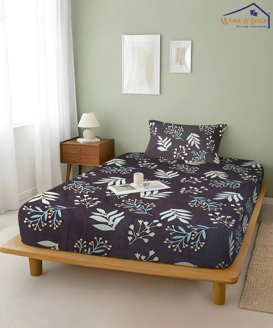 Blue Floral Super King Fitted Bedsheet With 2 Pillow Covers