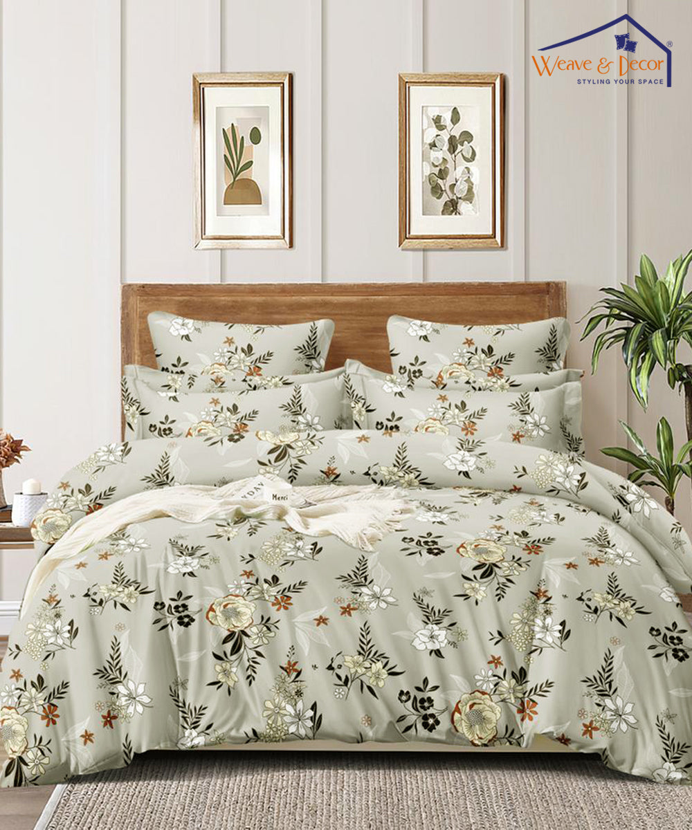 Grey Floral Flat Double Bedsheet With 2 Pillow Covers