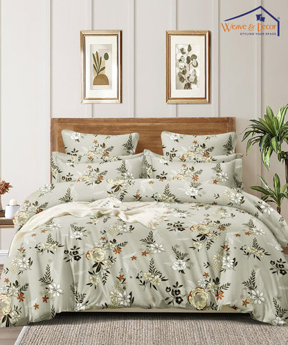 Grey Floral Fitted Bedsheet With Pillow Cover