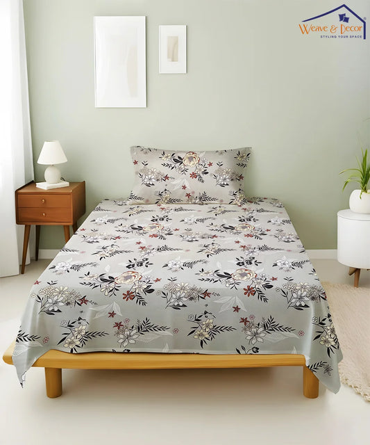 Grey Floral King Size Bedsheet With 2 Pillow Cover