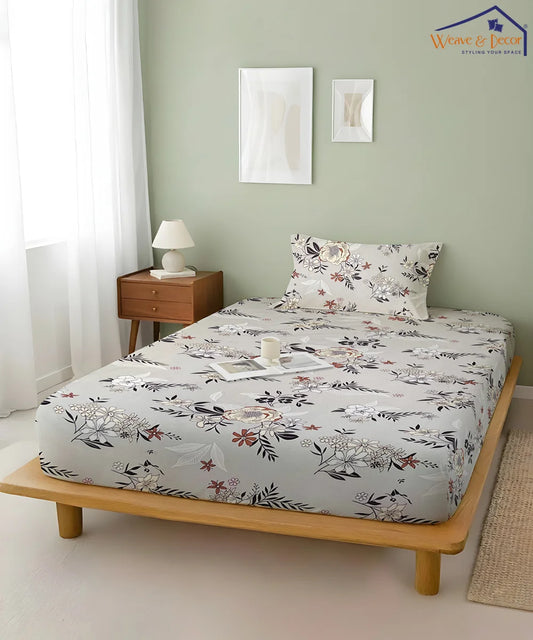 Grey Floral King Size Bedsheet With 2 Pillow Cover