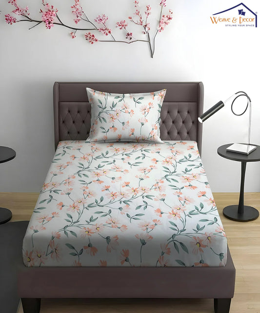 Off-White Floral Flat Double Bedsheet With 2 Pillow Covers