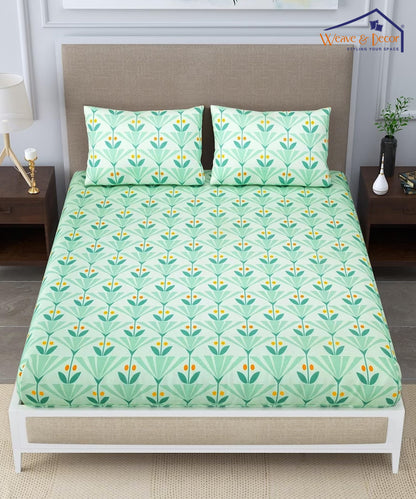 Green Floral Single Fitted Bedsheet With 1 Pillow Cover