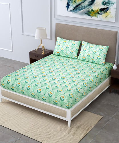 Green Floral Single Fitted Bedsheet With 1 Pillow Cover