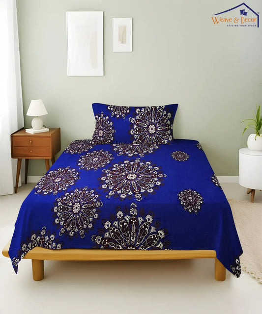 Deep Blue Floral Double Bedsheet With 2 Pillow Cover
