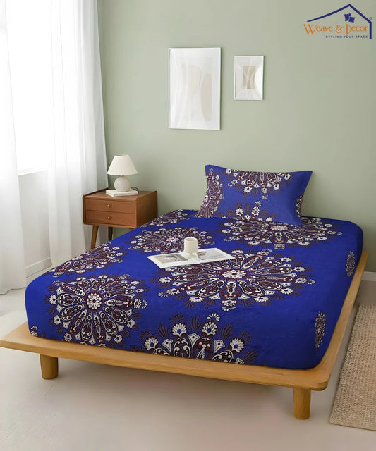 Deep Blue Floral Double Bedsheet With 2 Pillow Cover