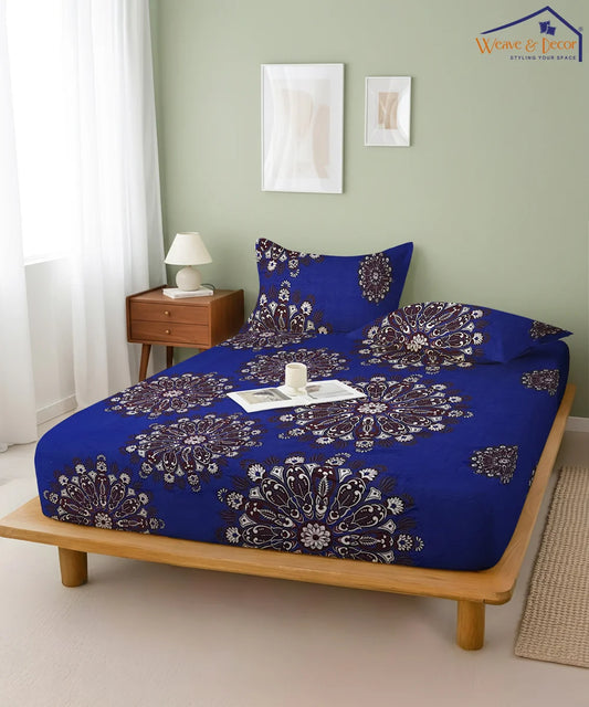 Deep Blue Floral Double Bedsheet With 2 Pillow Cover