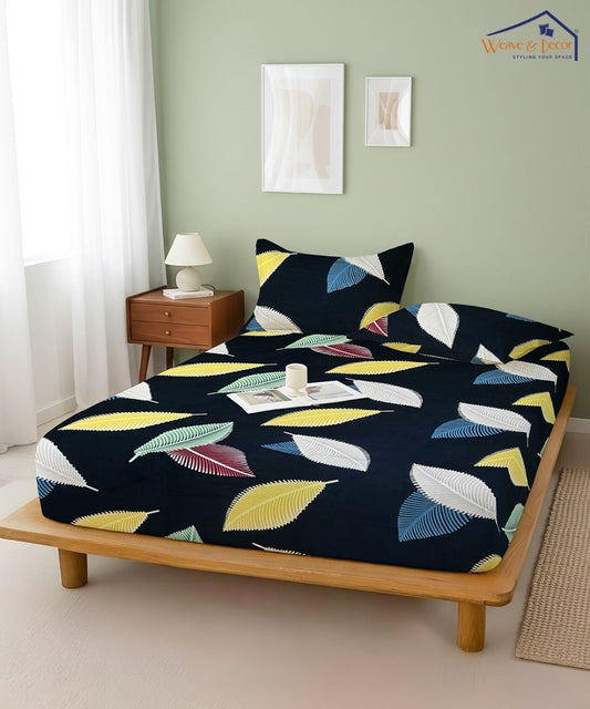 Blue Leaves Flat Double Bedsheet With 2 Pillow Cover