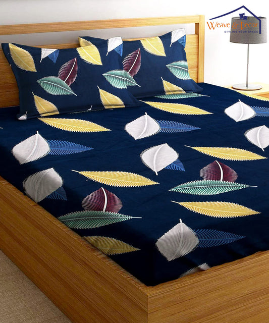 Blue Leaves Fitted Bedsheet With Pillow Cover