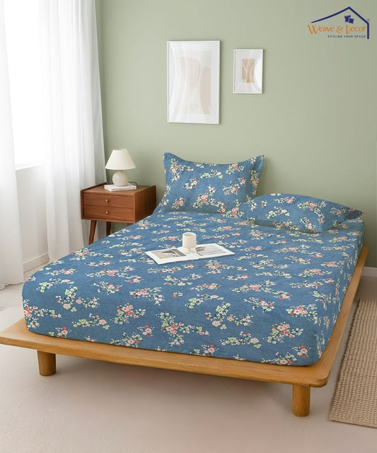 Blue Floral Flat Double Bedsheet With 2 Pillow Cover