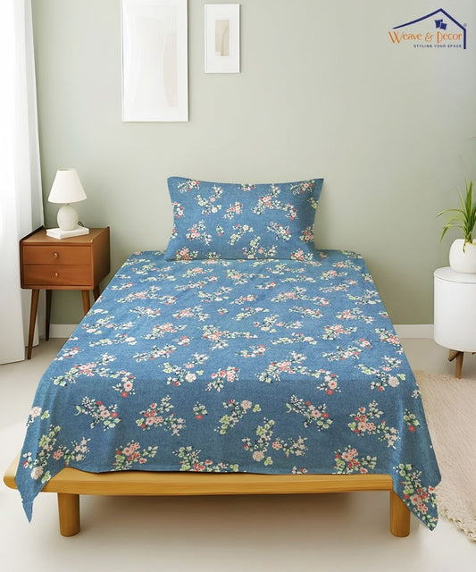 Blue Floral Flat Double Bedsheet With 2 Pillow Cover