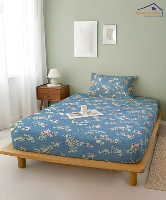 Blue Floral Flat Double Bedsheet With 2 Pillow Cover