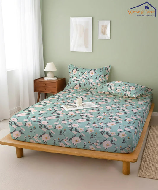 Green Blossom Flat Double Bedsheet With 2 Pillow Cover