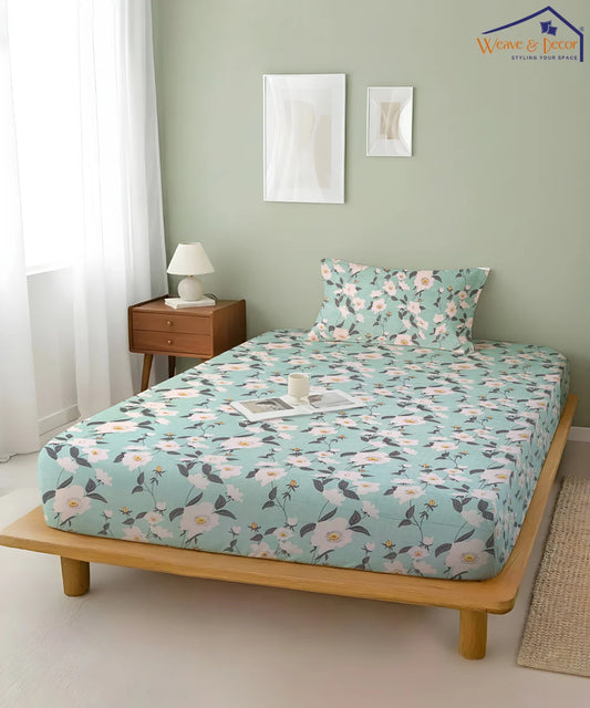 Green Blossom Flat Double Bedsheet With 2 Pillow Cover