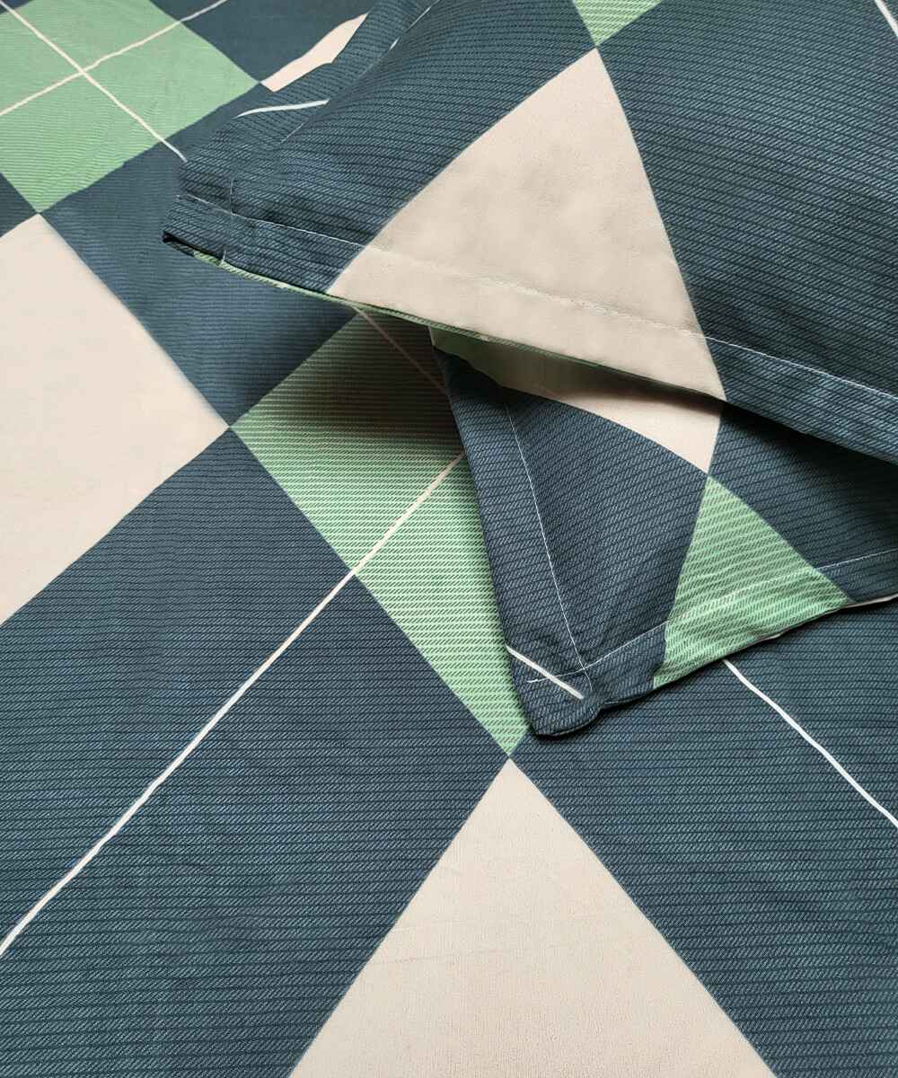 Blue-Green Geometric Fitted Bedsheet With Pillow Cover