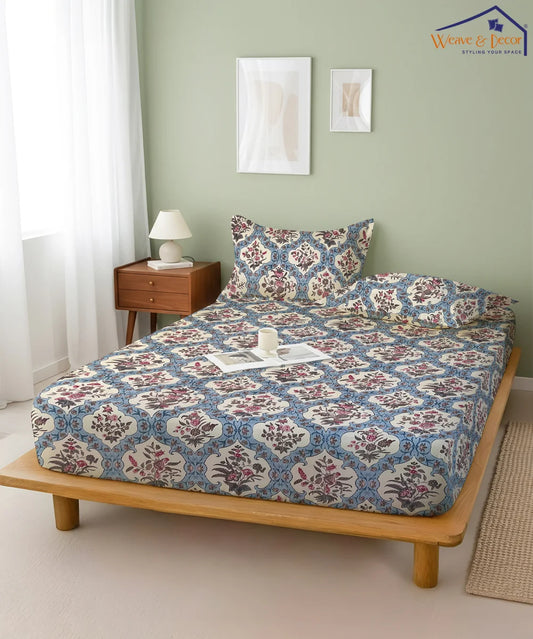 Blue Ethnic King Size Bedsheet With 2 Pillow Cover