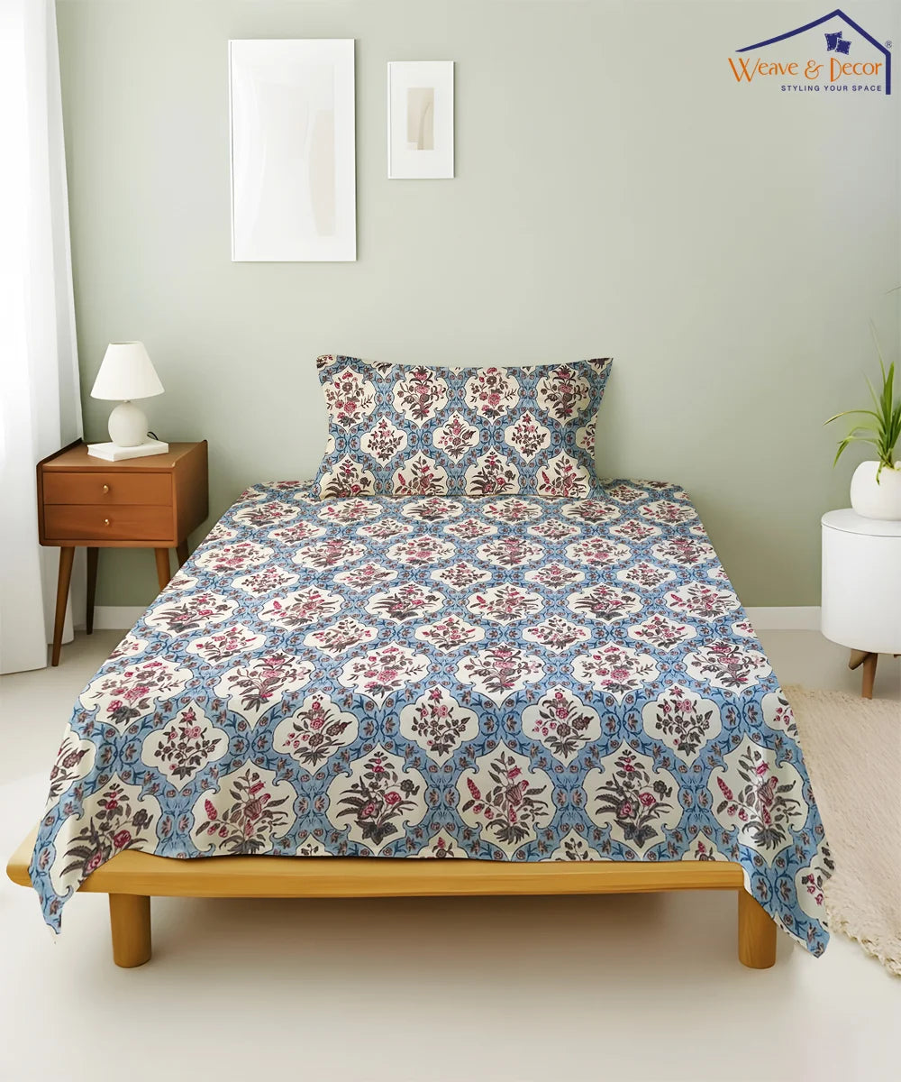 Blue Ethnic King Size Bedsheet With 2 Pillow Cover