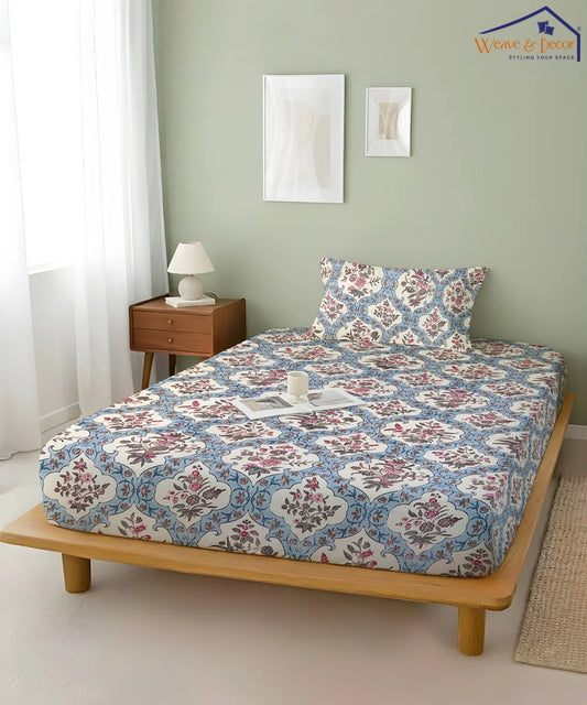 Blue Ethnic King Size Bedsheet With 2 Pillow Cover