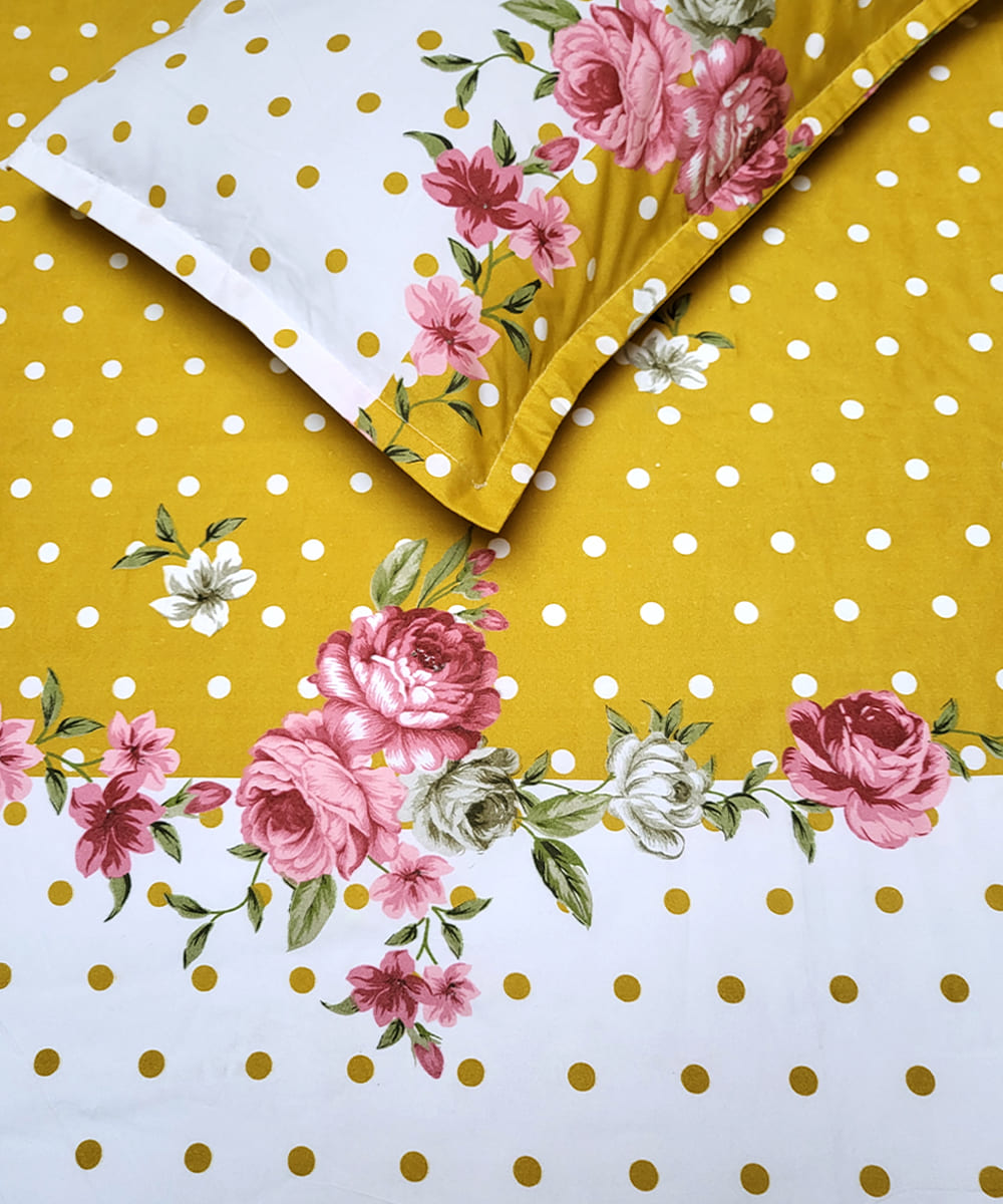 Mustard Floral  Fitted Bedsheet With Pillow Cover