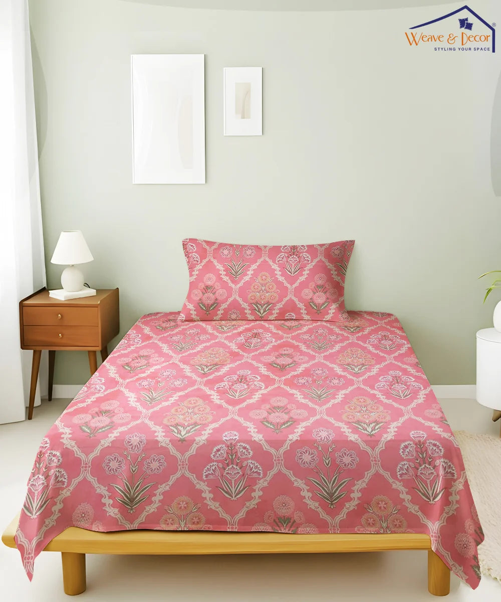 Coral Blossom Flat Double Bedsheet With 2 Pillow Covers
