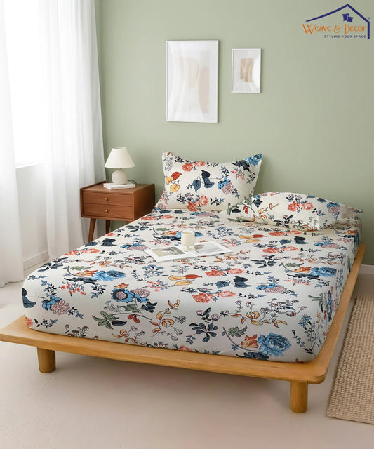 Ivory Floral Symphony King Size Bedsheet With 2 Pillow Cover