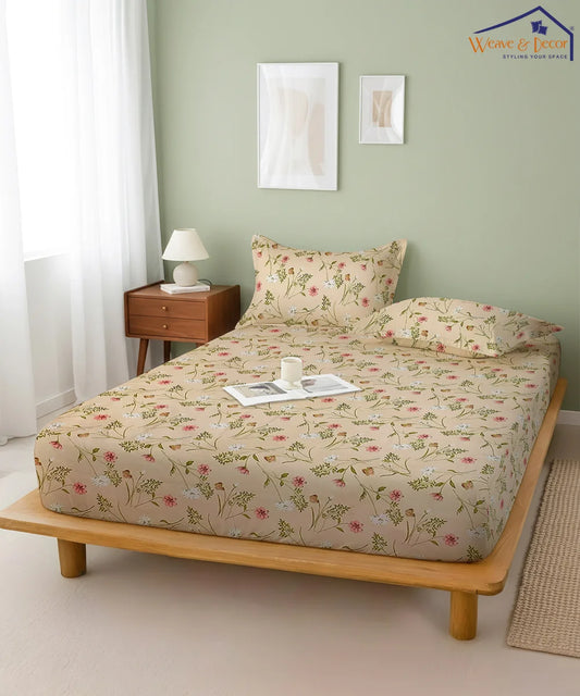 Cream Floral King Size Bedsheet With 2 Pillow Cover