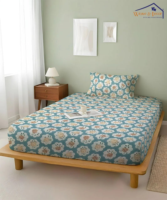 Teal Garden Flat Bedsheet With Pillow Covers