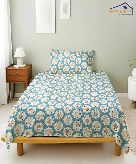 Teal Garden Flat Bedsheet With Pillow Covers