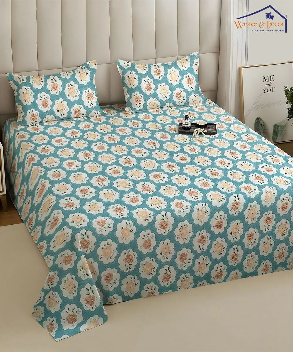 Teal Garden Flat Bedsheet With Pillow Covers