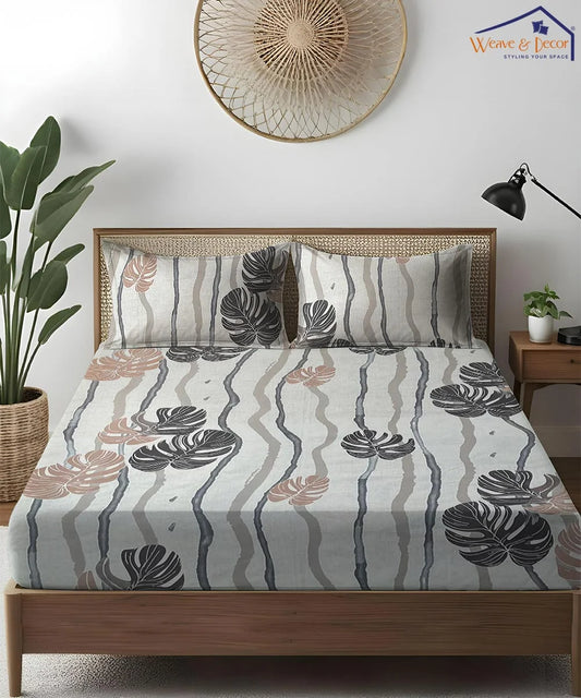 Mocha Palms   Super King Fitted Bedsheet With 2 Pillow Covers