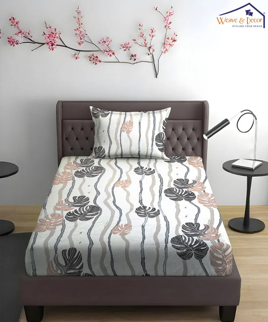 Mocha Palms   Super King Fitted Bedsheet With 2 Pillow Covers
