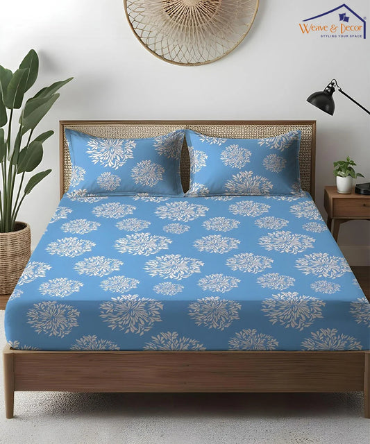 Blue Dandelion Floral King Size Bedsheet With 2 Pillow Cover
