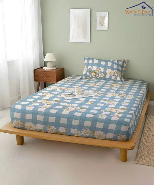 Blue Daisy Flat Bedsheet With Pillow Covers