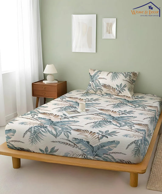 Coastal Leaf StripeFlat Bedsheet With Pillow Covers