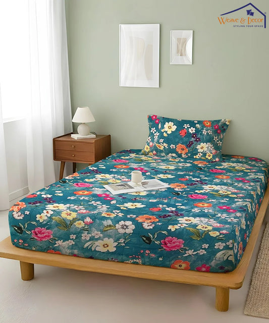 Teal Blossom HavenFlat Bedsheet With Pillow Covers