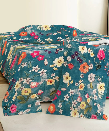 Teal Blossom HavenFlat Bedsheet With Pillow Covers