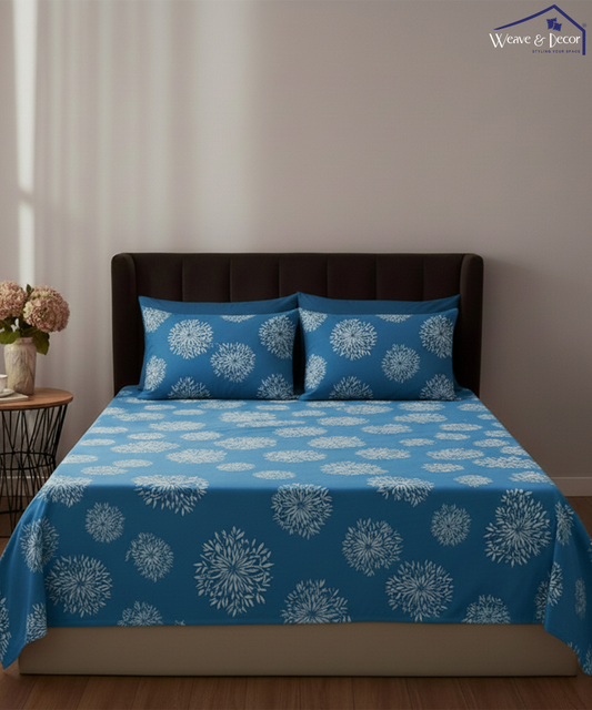 Blue Dandelion Floral Flat Bedsheet With Pillow Covers