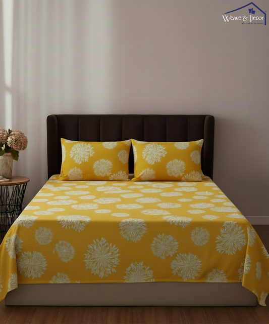 Yellow Dandelion Floral Flat Bedsheet With Pillow Covers