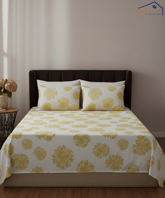 Golden Magic Floral Flat Bedsheet With Pillow Covers