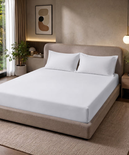 Pure White Solid Fitted Bedsheet With Pillow Cover