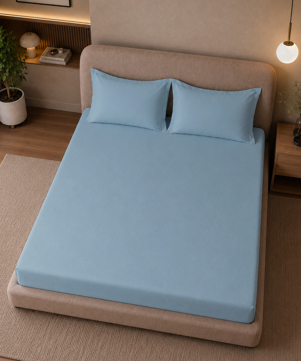 Crystal Blue Solid Fitted Bedsheet With Pillow Cover