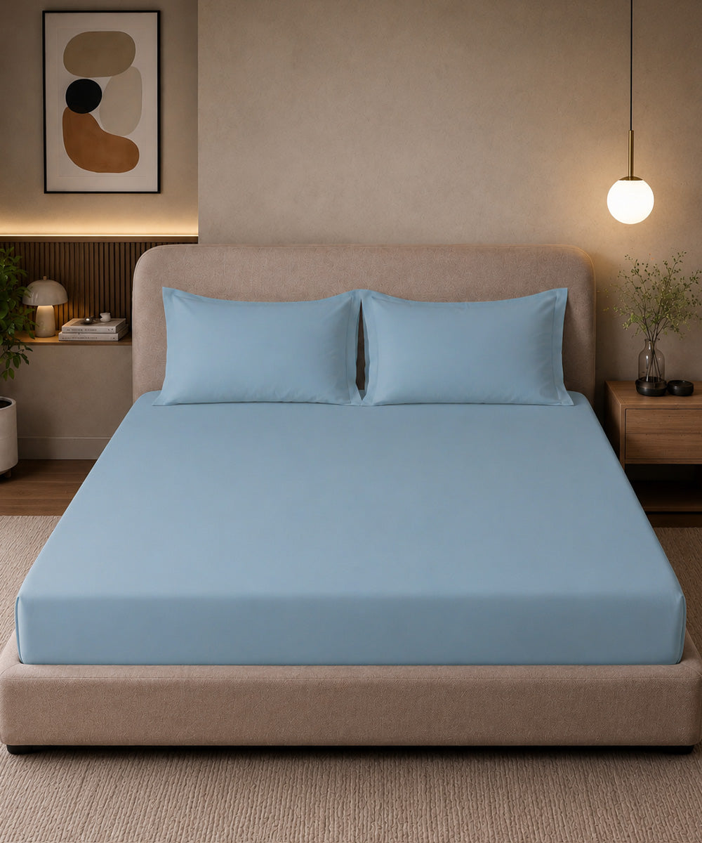 Crystal Blue Solid Fitted Bedsheet With Pillow Cover