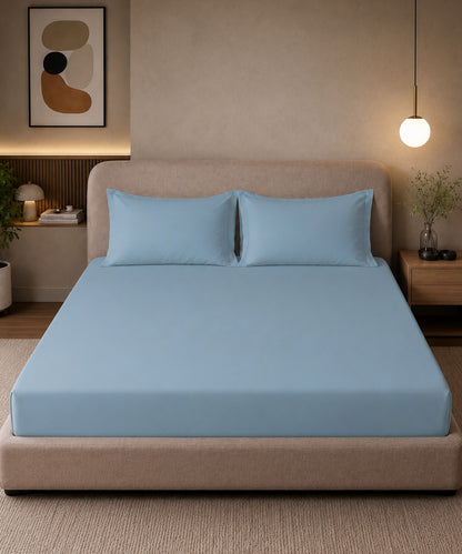 Crystal Blue Solid Fitted Bedsheet With Pillow Cover