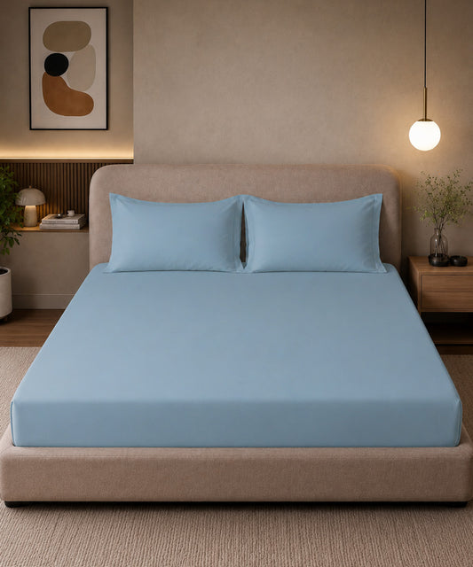 Crystal Blue Solid Fitted Bedsheet With Pillow Cover