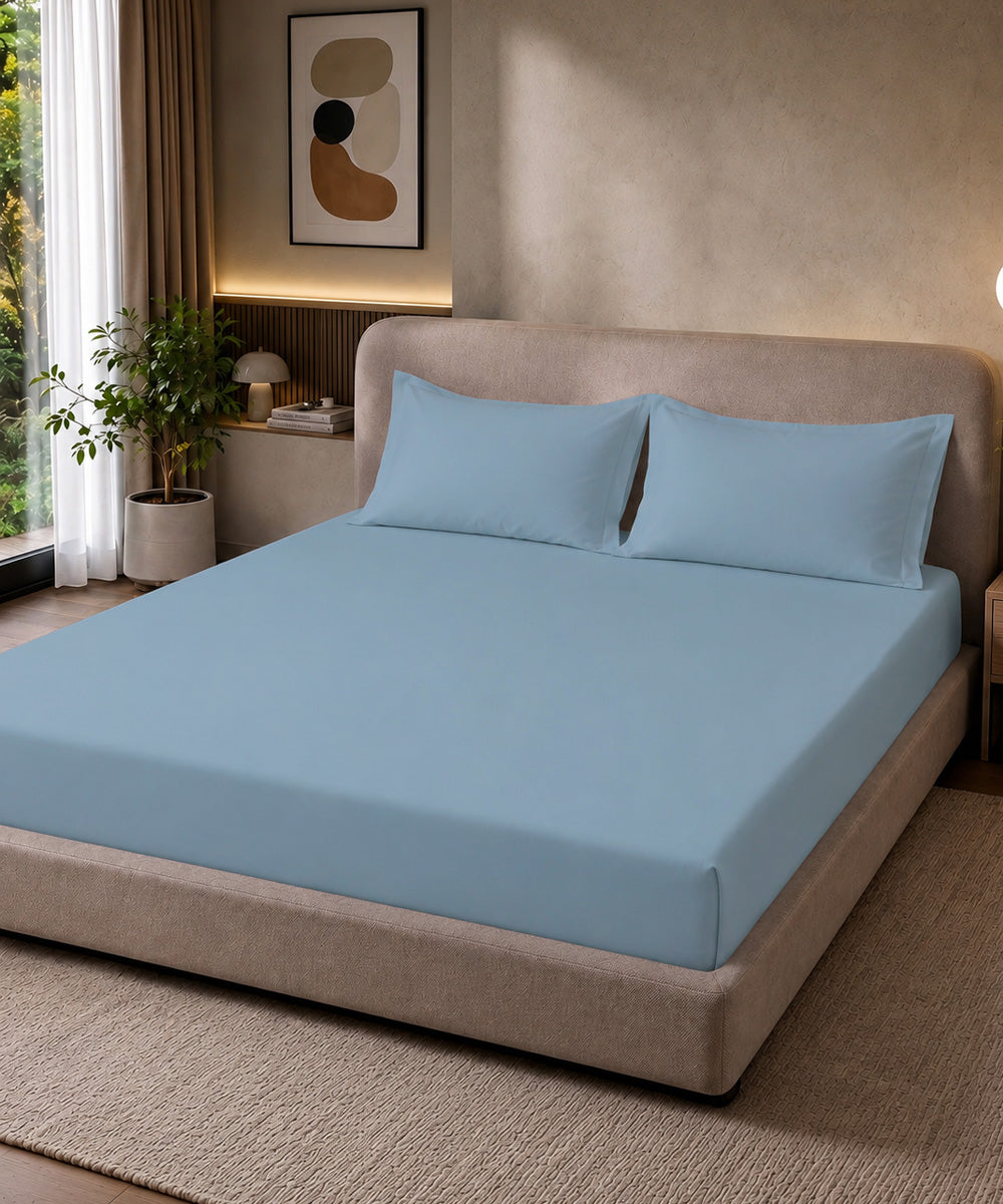 Crystal Blue Solid Fitted Bedsheet With Pillow Cover