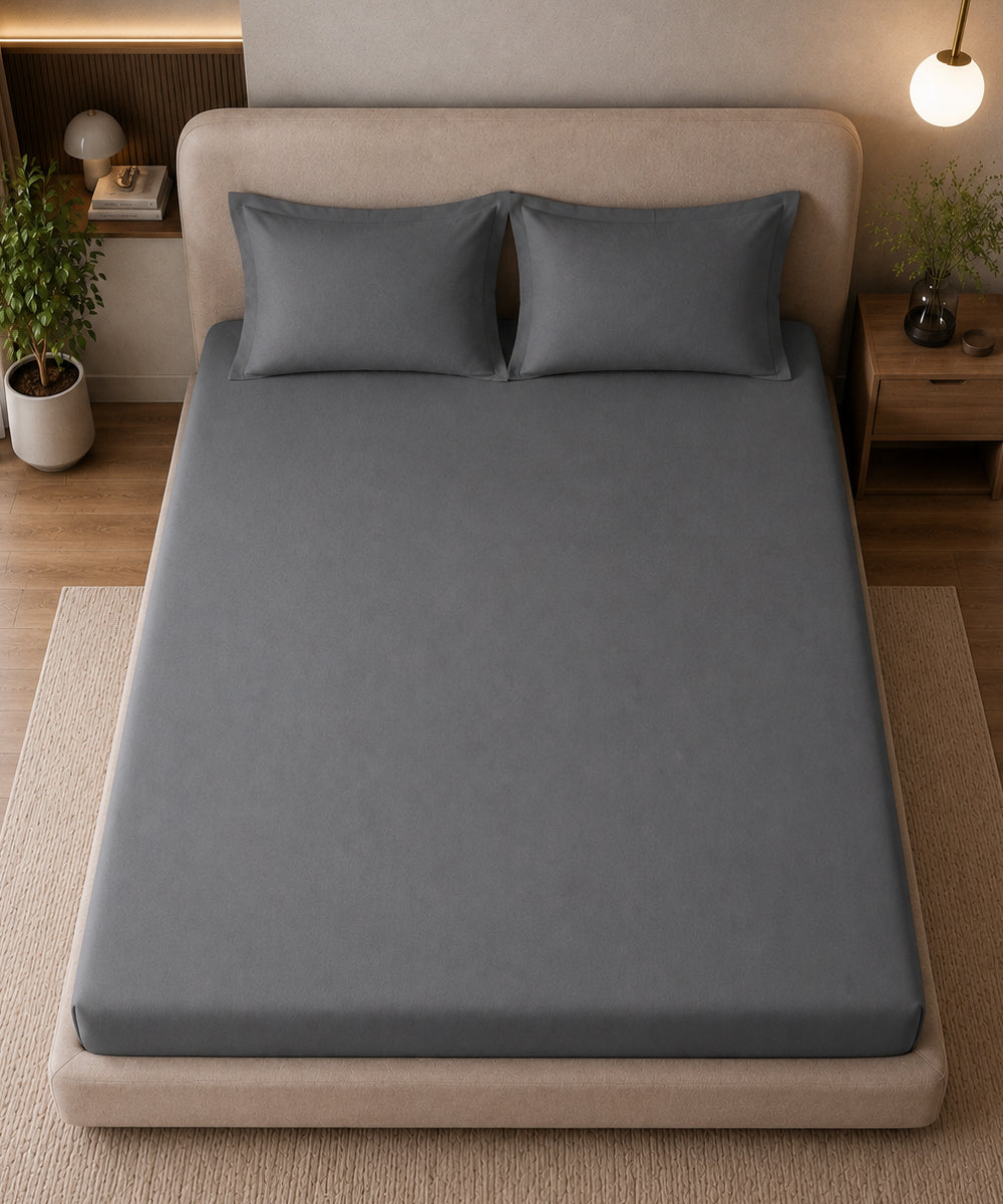 Charcoal Grey Solid Fitted Bedsheet With Pillow Cover