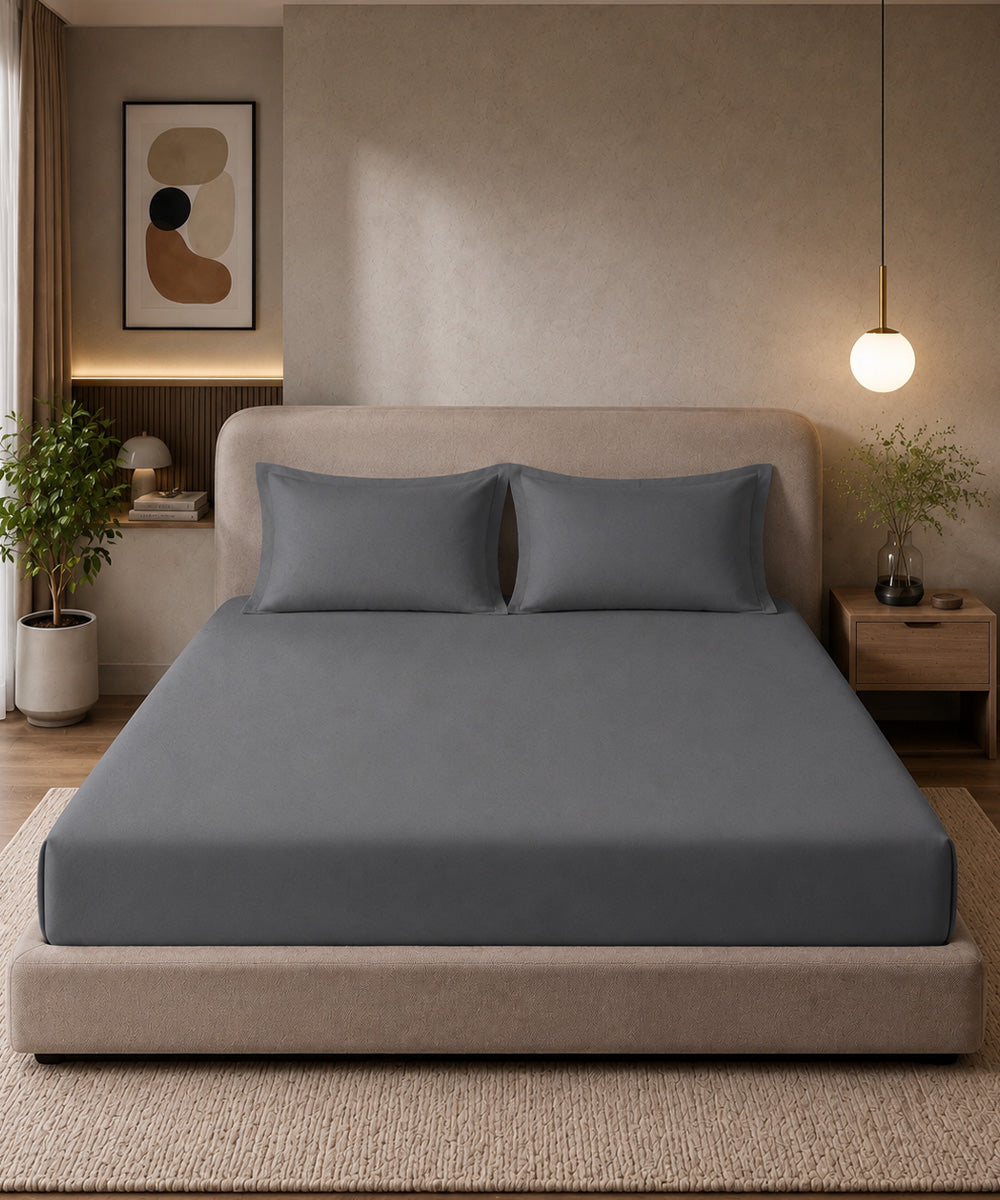 Charcoal Grey Solid Fitted Bedsheet With Pillow Cover